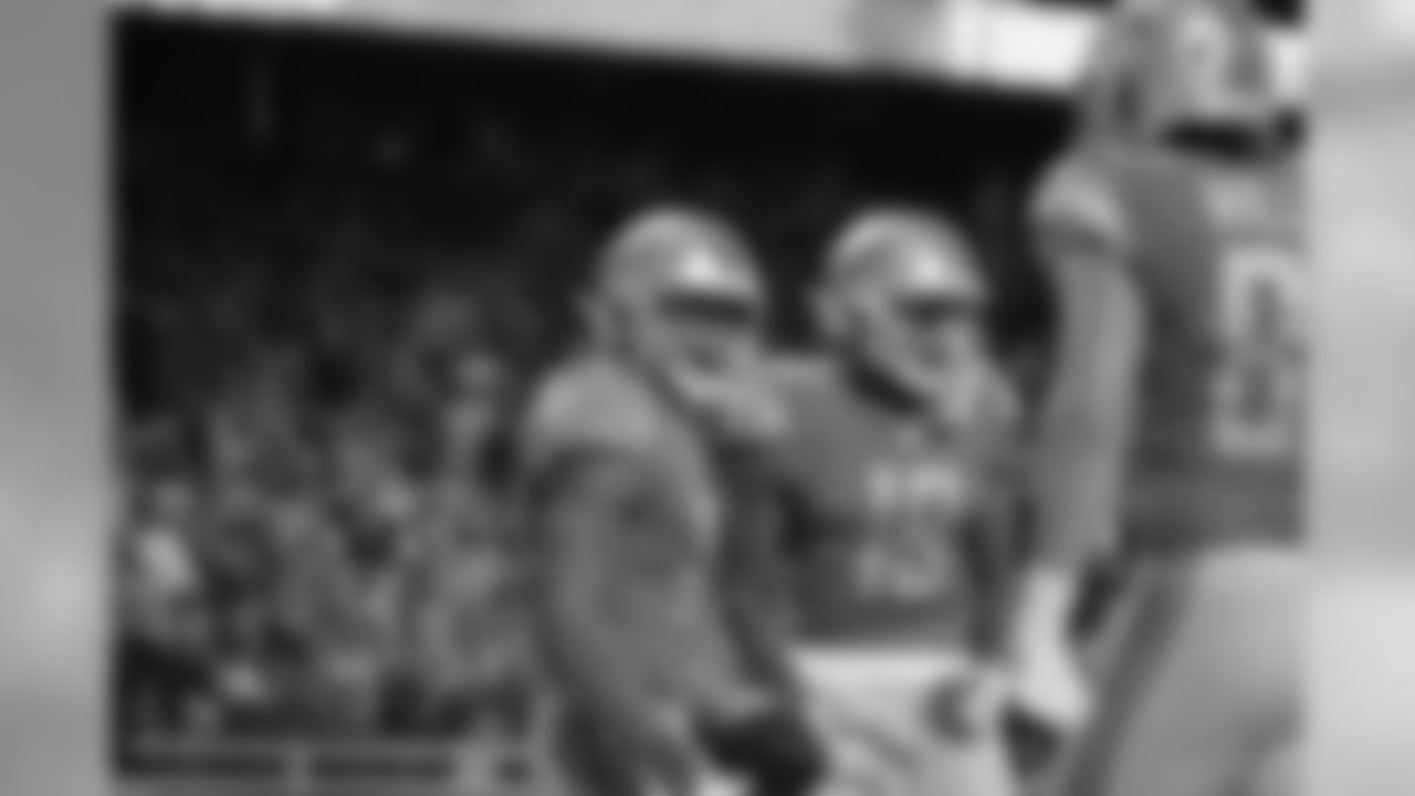 Detroit Lions wide receiver Marvin Jones Jr. (11) and Detroit Lions wide receiver Kenny Golladay (19) celebrate a touchdown during a NFL football game against the New England Patriots on Sunday, Sept. 23, 2018 in Detroit. (Detroit Lions via AP).