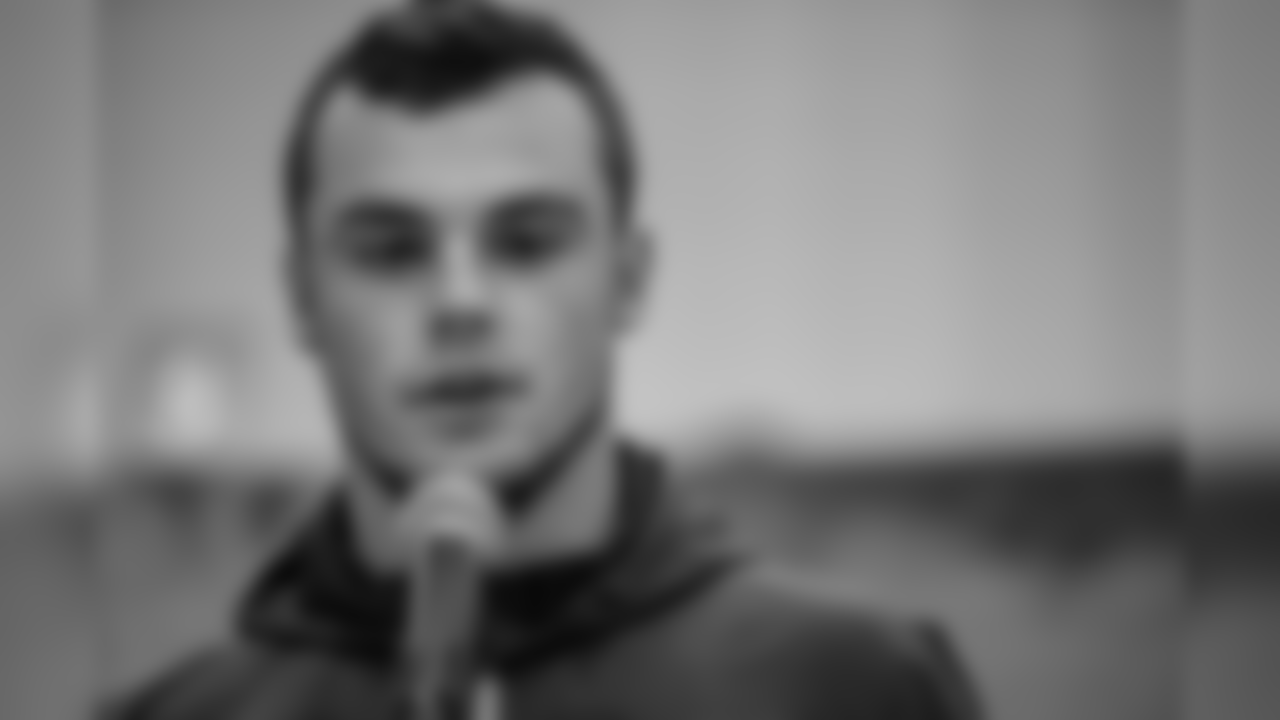 Penn State quarterback Trace McSorley talks to the media at the NFL Scouting Combine on Friday, March 1, 2019 in Indianapolis. (Detroit Lions via AP)
