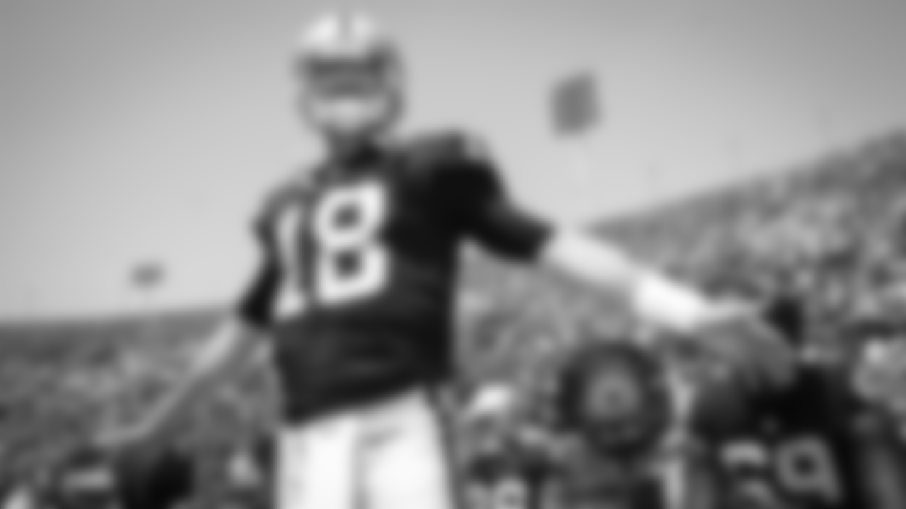 Oakland Raiders quarterback Connor Cook (18) before The Oakland Raiders preseason game against the Los Angeles Rams at Los Angeles Memorial Coliseum, Saturday, August 18, 2018, in Los Angeles, California. The Oakland Raiders lost 19-15.