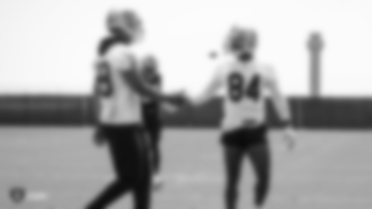 Raiders wide receiver Marcell Ateman (88) and wide receiver Antonio Brown (84) at an Organized Team Activity (OTA) at the Raiders Practice Facility in Alameda, Calif.