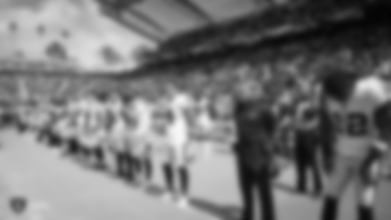 The Oakland Raiders during the national anthem before the Oakland Raiders regular season game against the Los Angeles Chargers at StubHub Center, Sunday, October 7, 2018, in Carson, California. The Oakland Raiders lost 26-10.