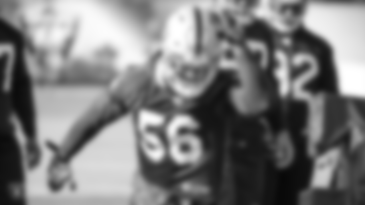 Oakland Raiders defensive end Damontre' Moore (56) on the field for practice at the Oakland Raiders Practice Facility, Wednesday, December 12, 2018, in Alameda, California.