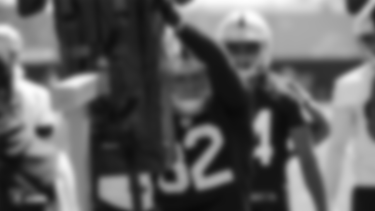 Oakland Raiders safety Dallin Leavitt (32) at day two of 2019 Rookie Minicamp at the Oakland Raiders Practice Facility, Saturday, May 4, 2019, in Alameda, Calif.