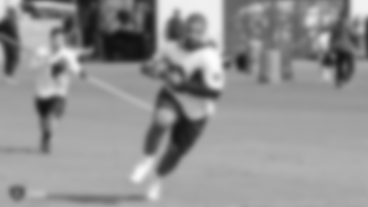 Raiders running back Chris Warren III at a workout during phase two of the offseason program at the Raiders Practice Facility in Alameda, Calif.