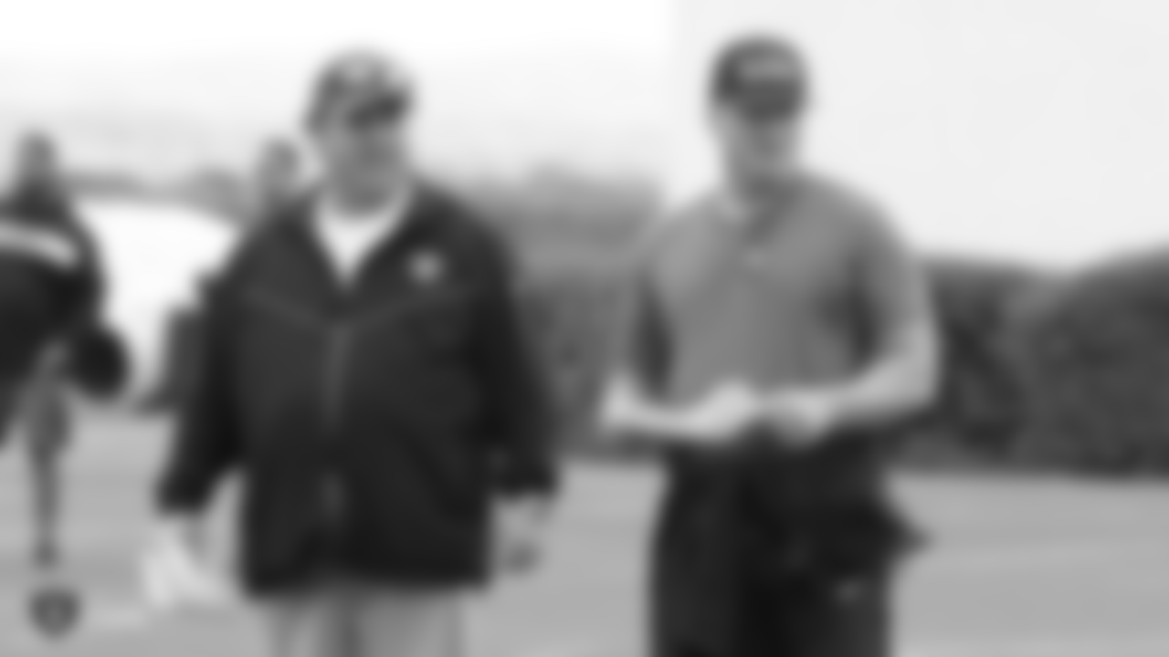 Oakland Raiders defensive coordinator Paul Guenther and head coach Jon Gruden at the Oakland Raiders Local Pro Day at the Oakland Raiders Practice Facility, Thursday, April 11, 2019, in Alameda, Calif.