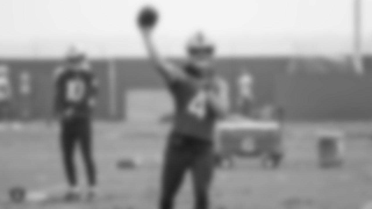 Oakland Raiders quarterback Derek Carr (4) on the field for practice at the Oakland Raiders Practice Facility, Friday, December 21, 2018, in Alameda, California.