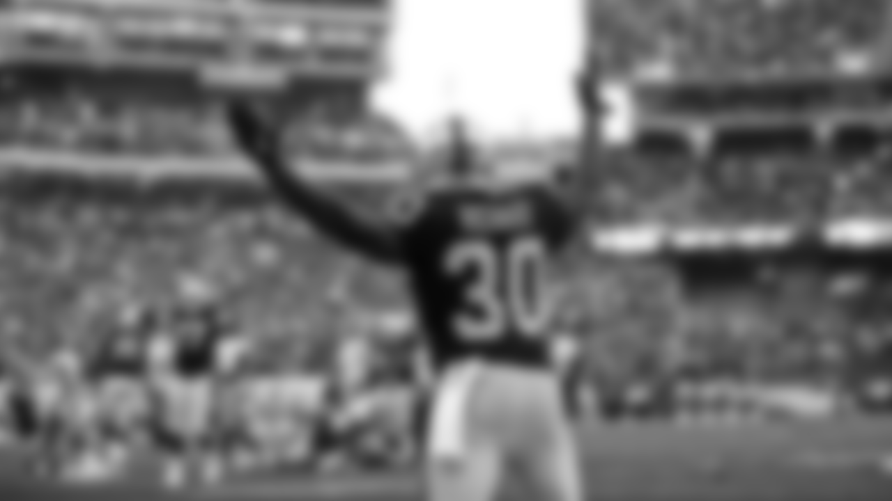 Oakland Raiders running back Jalen Richard (30) celebrates during the Oakland Raiders regular season game against the Pittsburgh Steelers at Oakland Alameda-County Coliseum on Sunday, December 9th, 2018, in Oakland, California. The Oakland Raiders won 24-21.