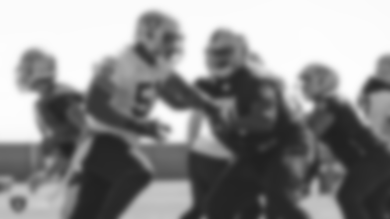 Oakland Raiders defensive end Bruce Irvin (51) and tackle Justin Murray (71) on the field for practice at the Oakland Raiders Practice Facility, Wednesday, October 10, 2018, in Alameda, California.