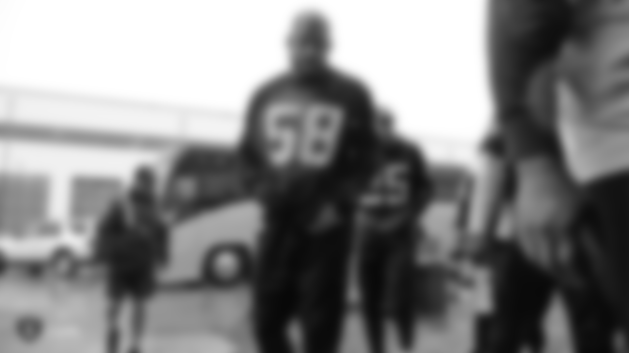 Oakland Raiders linebacker Kyle Wilber (58) arrives to the field for practice at Bladium Sports & Fitness, Wednesday, November 21, 2018, in Alameda, California.