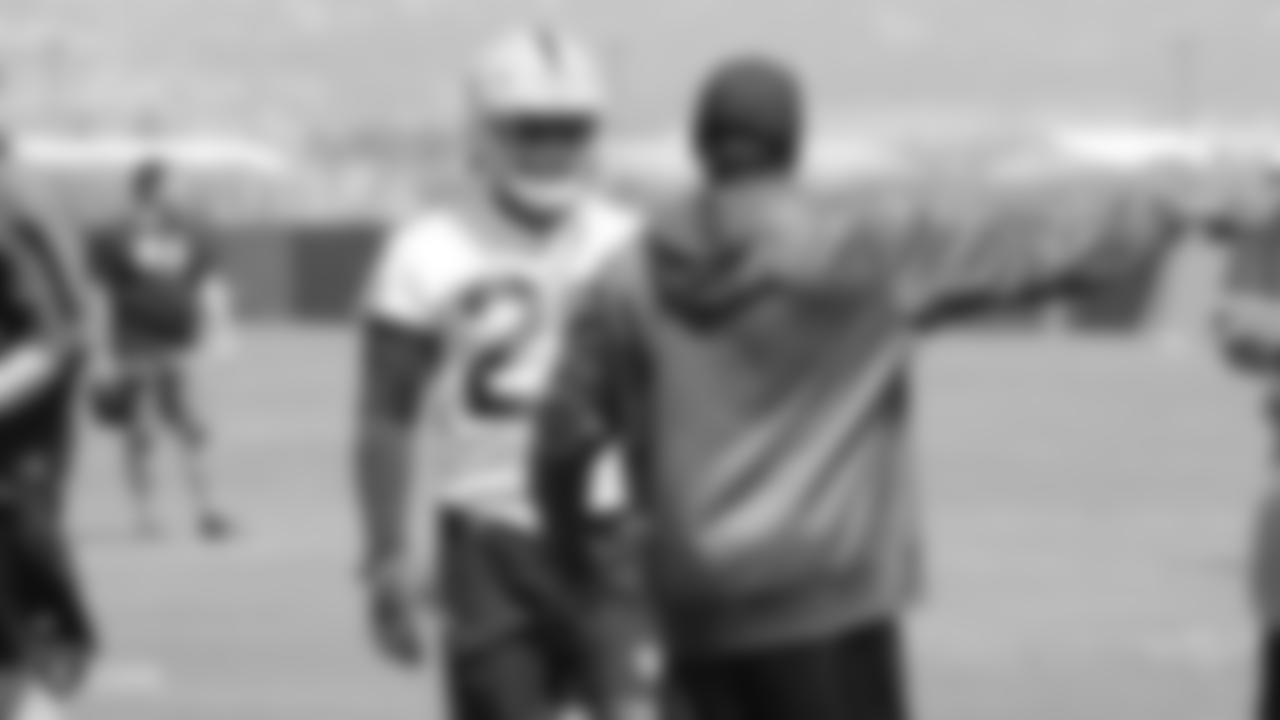 Raiders running back Josh Jacobs (28) and running backs coach Kirby Wilson at day one of 2019 Rookie Minicamp at the Raiders Practice Facility in Alameda, Calif.