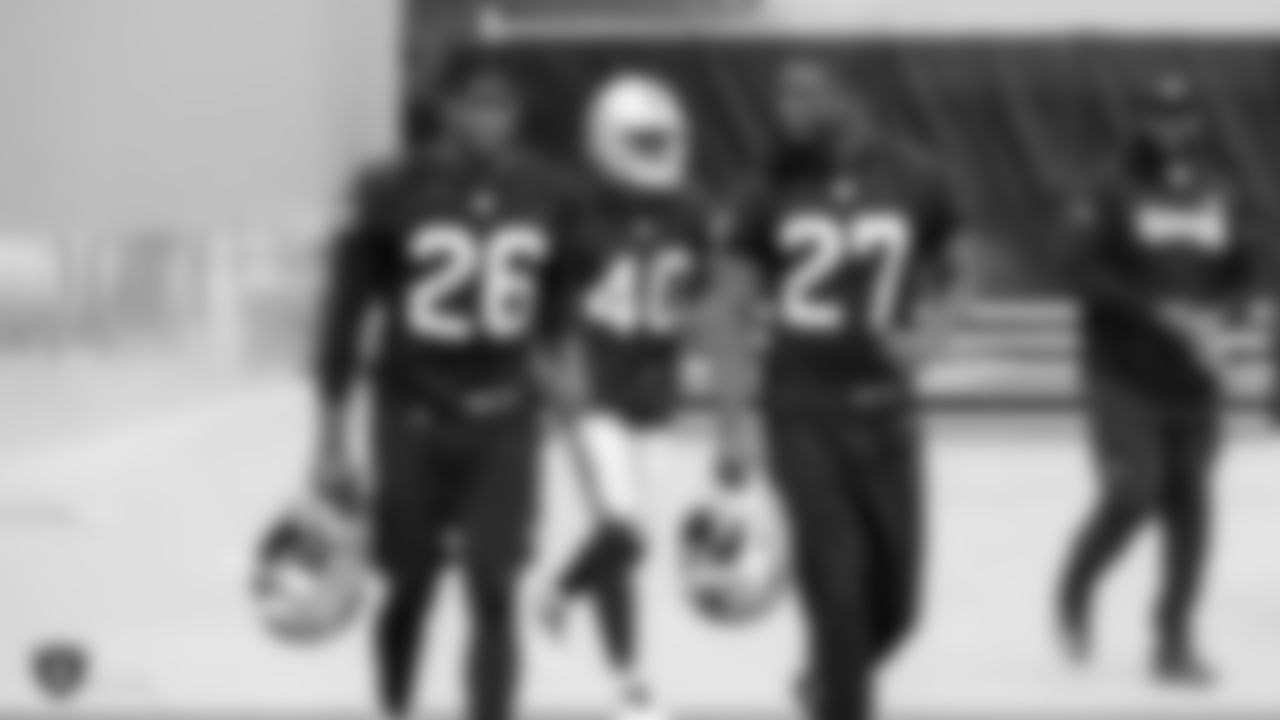 Raiders cornerback Nevin Lawson (26) and cornerback Trayvon Mullen (27) at an Organized Team Activity (OTA) at the Raiders Practice Facility in Alameda, Calif.