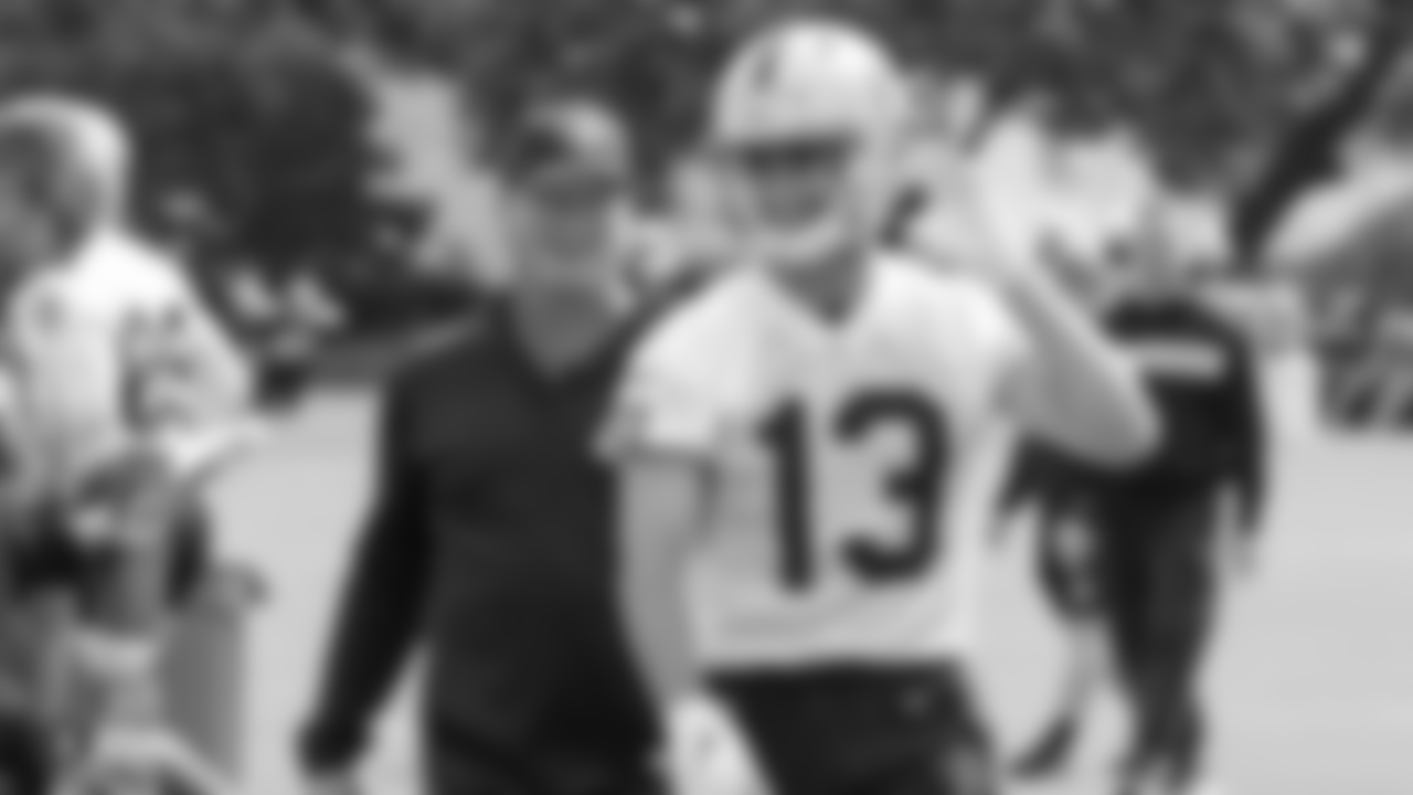 Raiders head coach Jon Gruden and wide receiver Hunter Renfrow (13) at day three of 2019 Rookie Minicamp at the Raiders Practice Facility in Alameda, Calif.