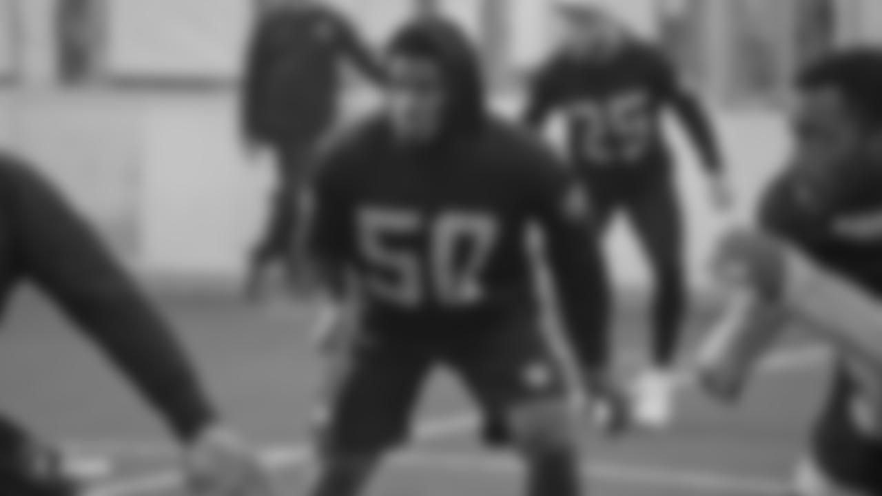 Oakland Raiders linebacker Nicholas Morrow (50) on the field for a walk through at Bladium Sports & Fitness, Thursday, November 15, 2018, in Alameda, California.