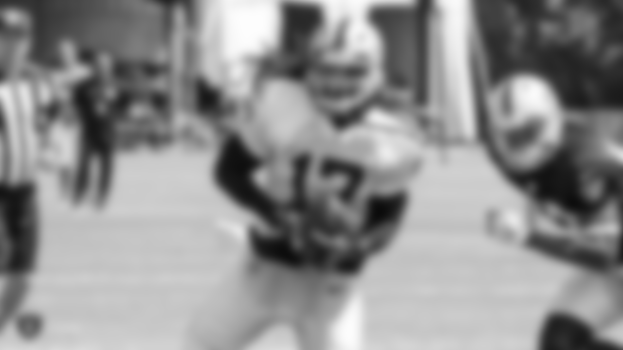 Oakland Raiders wide receiver Dwayne Harris (17) on the field for practice at 2018 Training Camp at The Oakland Raiders Napa Valley Training Complex, Monday, August 6, 2018, in Napa, California.