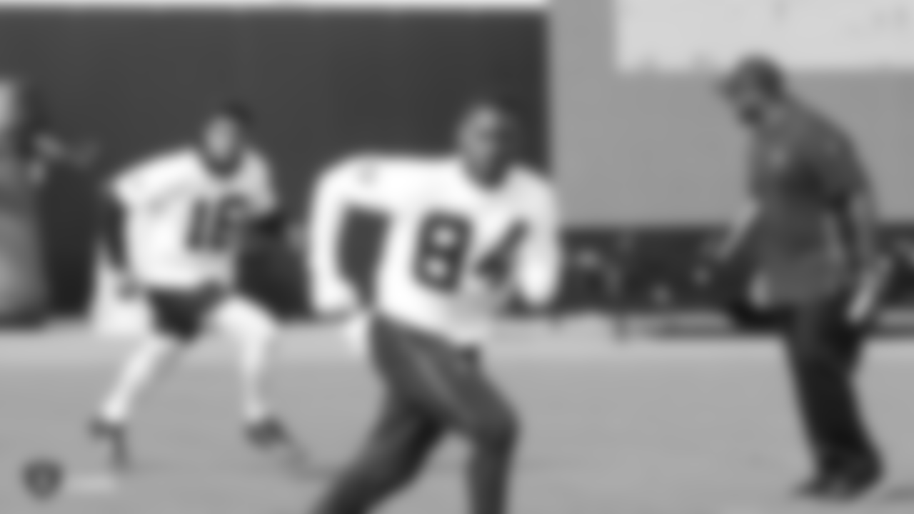 Raiders wide receiver Antonio Brown at a workout during phase two of the offseason program at the Raiders Practice Facility in Alameda, Calif.