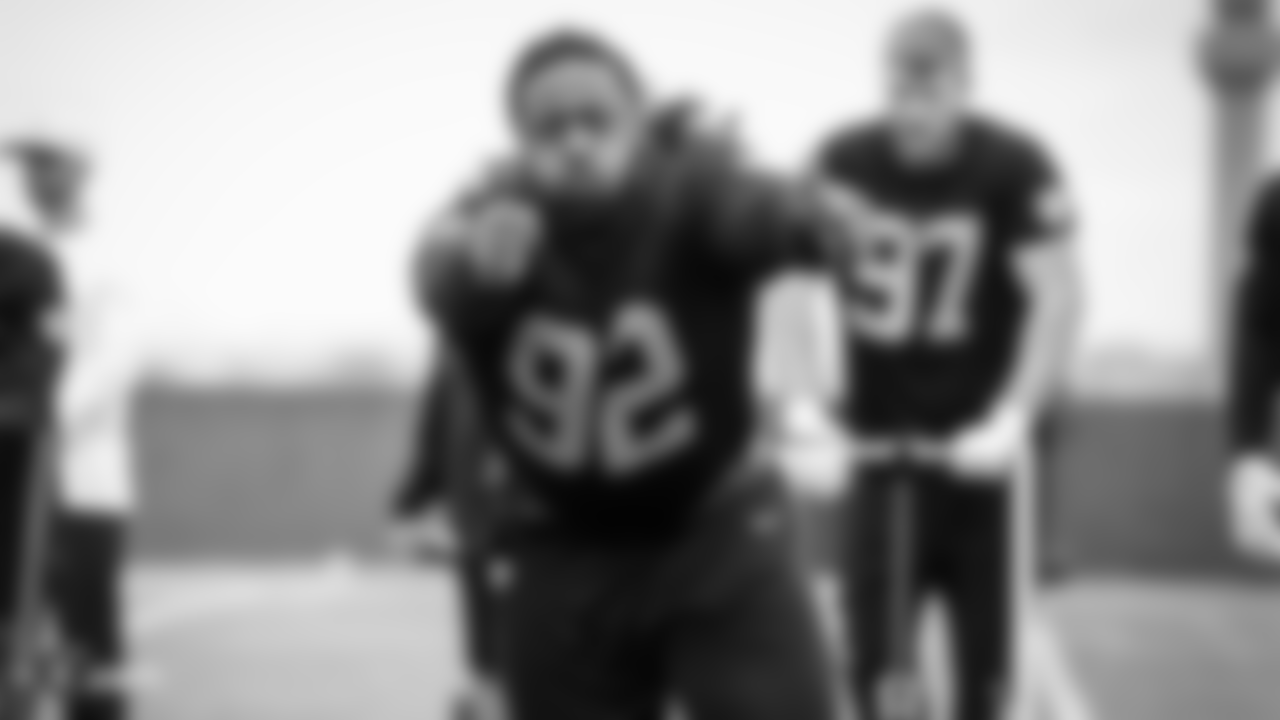 Raiders defensive tackle P.J. Hall (92) at a workout during phase two of the offseason program at the Raiders Practice Facility in Alameda, Calif.