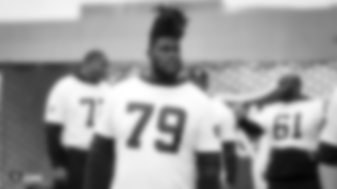 Raiders guard/tackle Denver Kirkland (79) at a workout during phase two of the offseason program at the Raiders Practice Facility in Alameda, Calif.