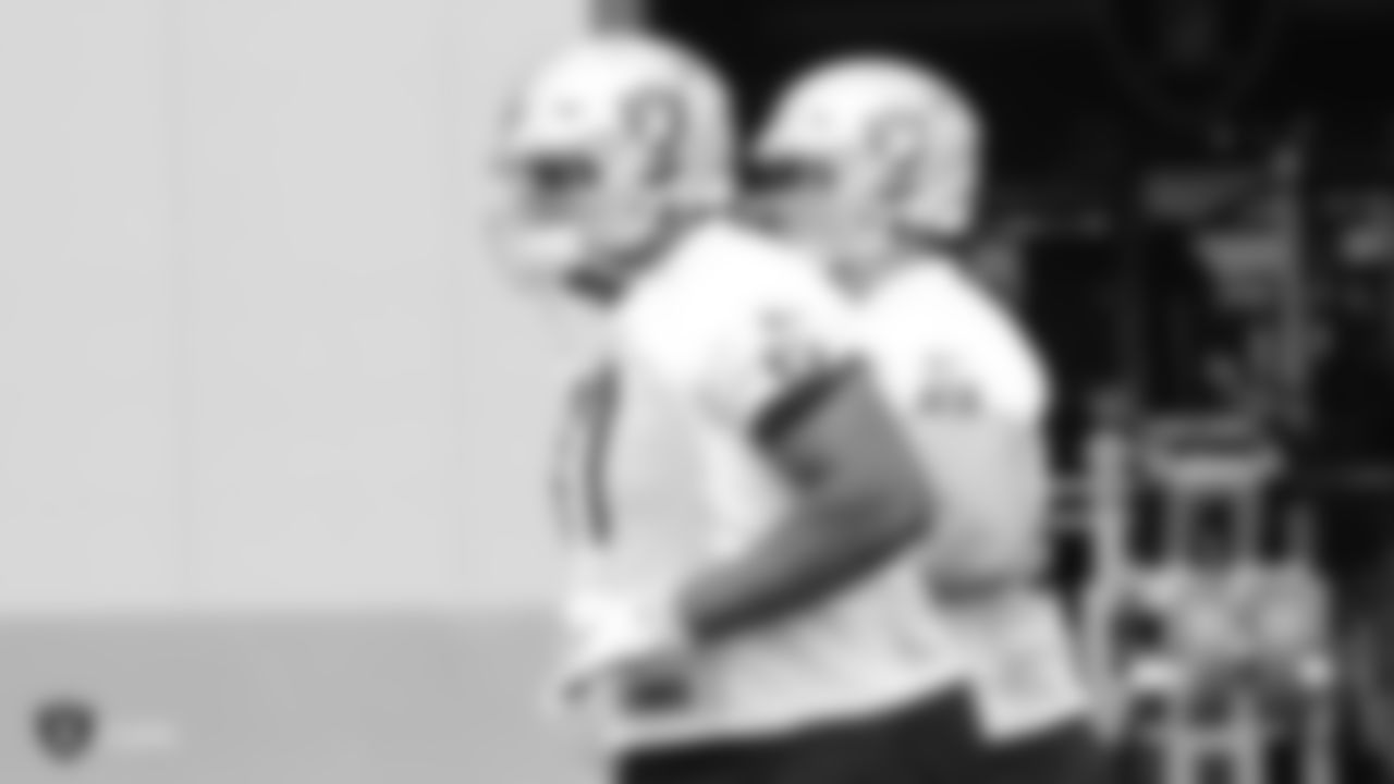 Raiders tackle Trent Brown (77) at an Organized Team Activity (OTA) at the Raiders Practice Facility in Alameda, Calif.