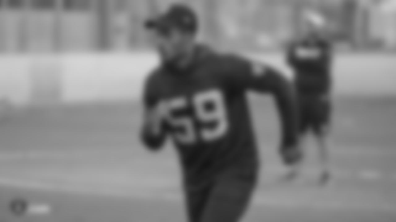Oakland Raiders linebacker Tahir Whitehead (59) on the field for a walk through at Bladium Sports & Fitness, Thursday, November 15, 2018, in Alameda, California.
