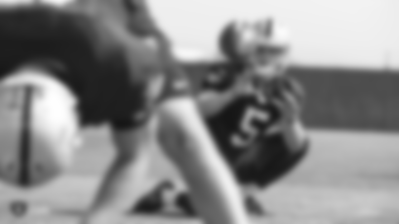 Oakland Raiders punter Johnny Townsend (5) on the field for practice at the Oakland Raiders Practice Facility, Monday, October 9, 2018, in Alameda, California.