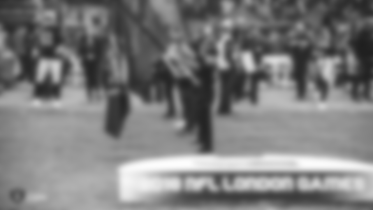 The Raiders flag is displayed on the field during the national anthem before the Oakland Raiders regular season game against the Seattle Seahawks at Wembley Stadium, Sunday, October 14, 2018, in London, England The Oakland Raiders lost 27-3.