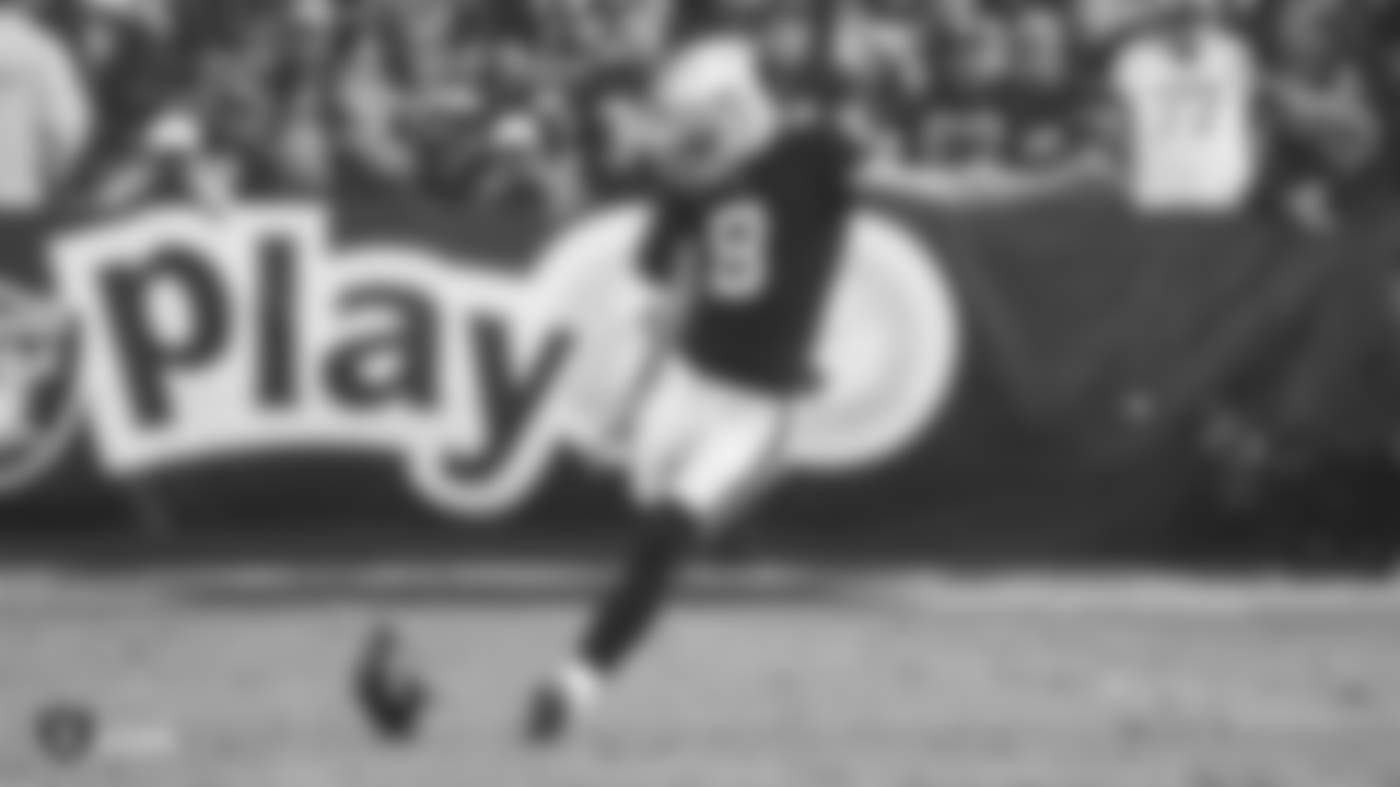 Oakland Raiders kicker Daniel Carlson (8) during the Oakland Raiders regular season game against the Los Angeles Chargers at Oakland-Alameda County Coliseum, Sunday, November 11, 2018, in Oakland, California. The Oakland Raiders lost 20-6.