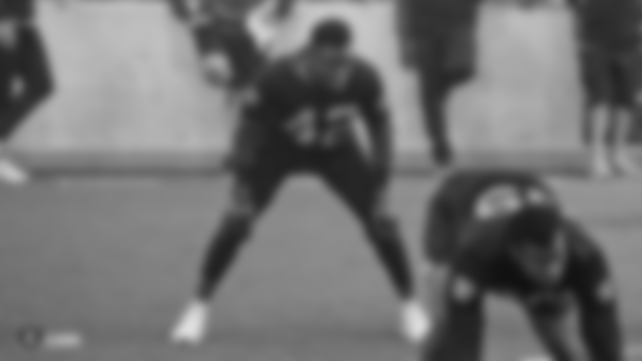 Oakland Raiders strong safety Karl Joseph (42) on the field for a walk through at Bladium Sports & Fitness, Friday, November 16, 2018, in Alameda, California.