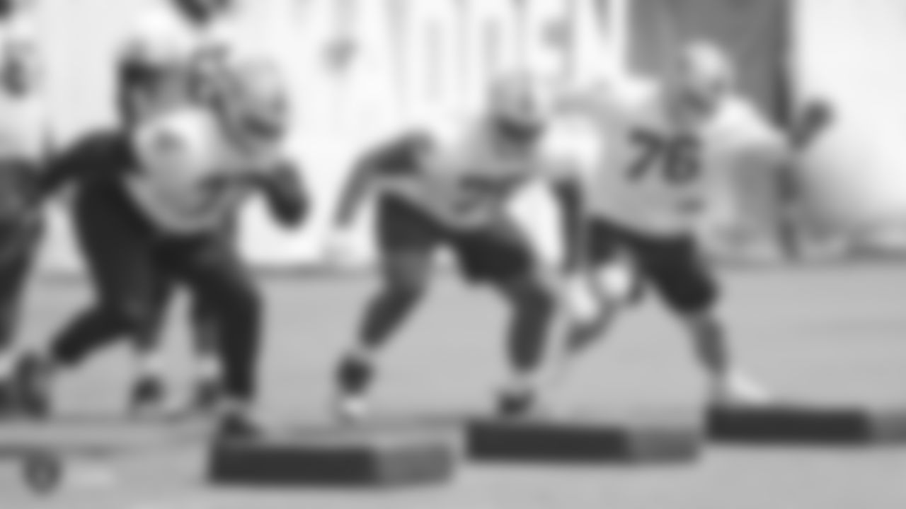 Raiders tackles Trent Brown (77), Brandon Parker (75), and Tyler Roemer (76) at an Organized Team Activity (OTA) at the Raiders Practice Facility in Alameda, Calif.
