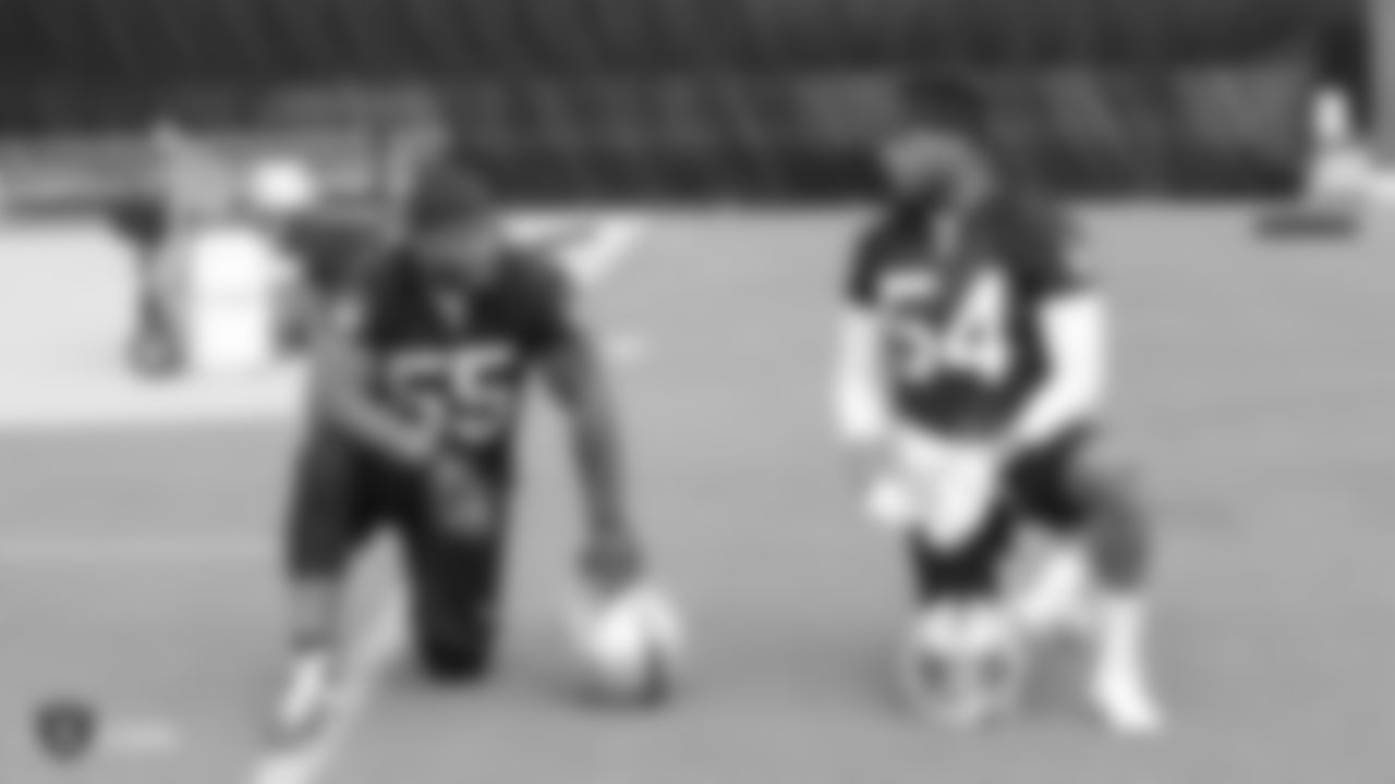 Raiders linebacker Vontaze Burfict (55) and linebacker Brandon Marshall (54) at an Organized Team Activity (OTA) at the Raiders Practice Facility in Alameda, Calif.
