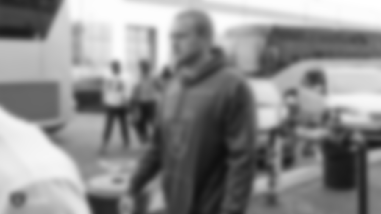 Oakland Raiders long snapper Trent Sieg (47) arrives to the field for a walk through at Bladium Sports & Fitness Club, Thursday, November 29, 2018, in Alameda, California.