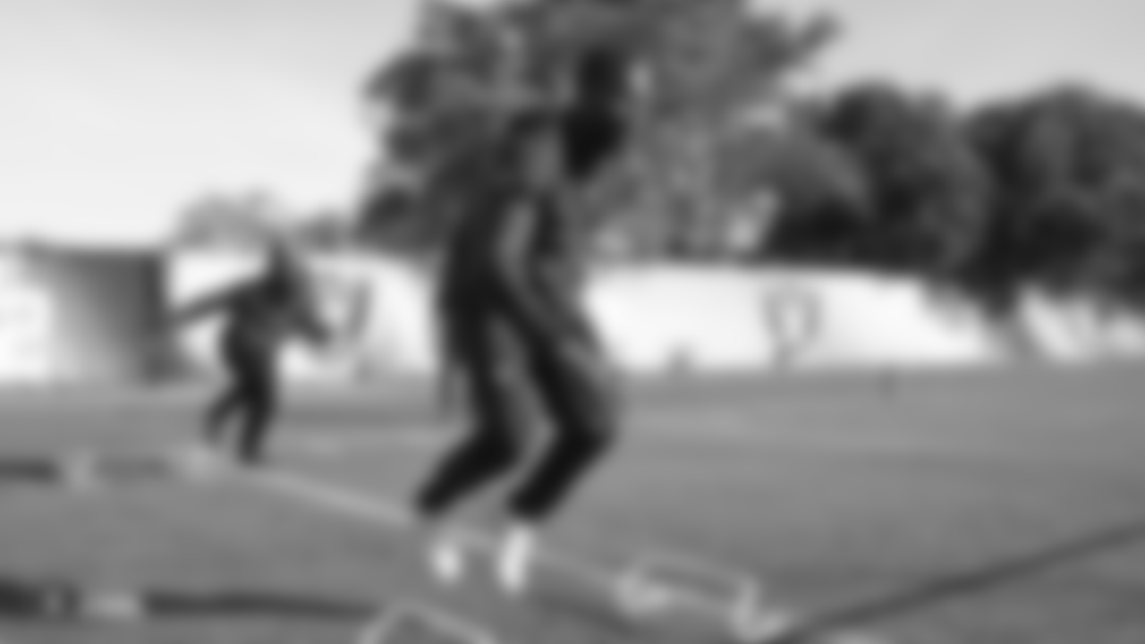 Raiders safety Lamarcus Joyner at a workout during phase one of the offseason program at the Raiders Practice Facility in Alameda, Calif.