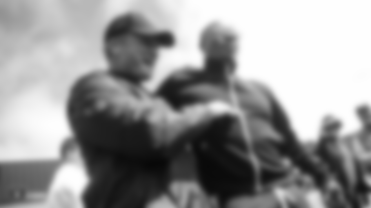 Hip-hop artist MC Hammer visits Oakland Raiders players at an Organized Team Activity (OTA) at the Oakland Raiders Practice Facility, Wednesday, June 6, 2018, in Alameda, California.