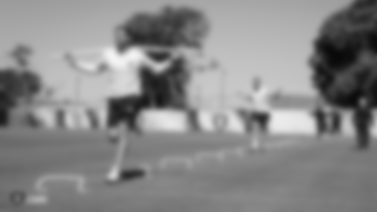 Raiders quarterbacks Nathan Peterman and Landry Jones at a workout during phase one of the offseason program at the Raiders Practice Facility in Alameda, Calif.