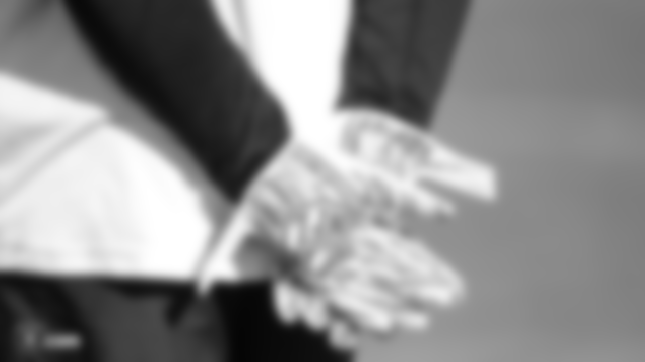 Oakland Raiders Crucial Catch gloves during a walk through before their game against the Indianapolis Colts, Wednesday, October 31, 2018, in Alameda, California.