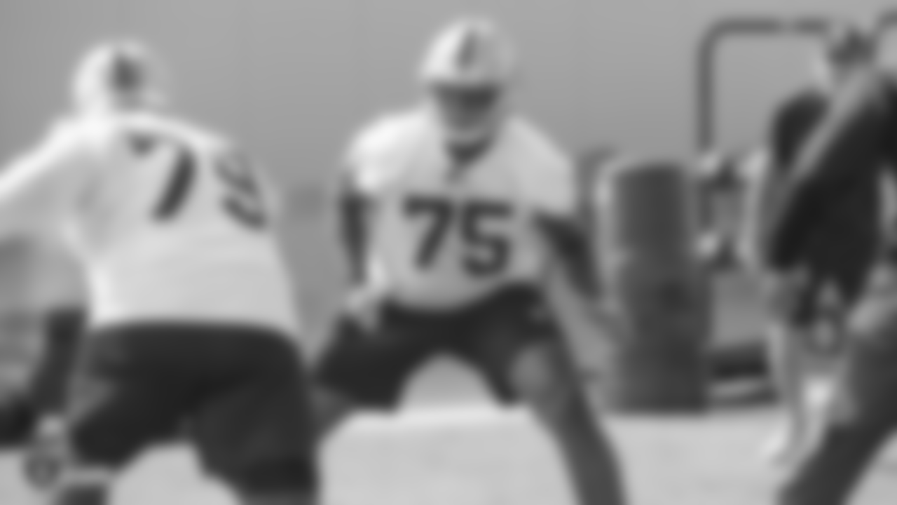 Oakland Raiders offensive tackle Brandon Parker (75) on the field for practice at The Oakland Raiders Practice Facility, Thursday, October 4, 2018, in Alameda, California.