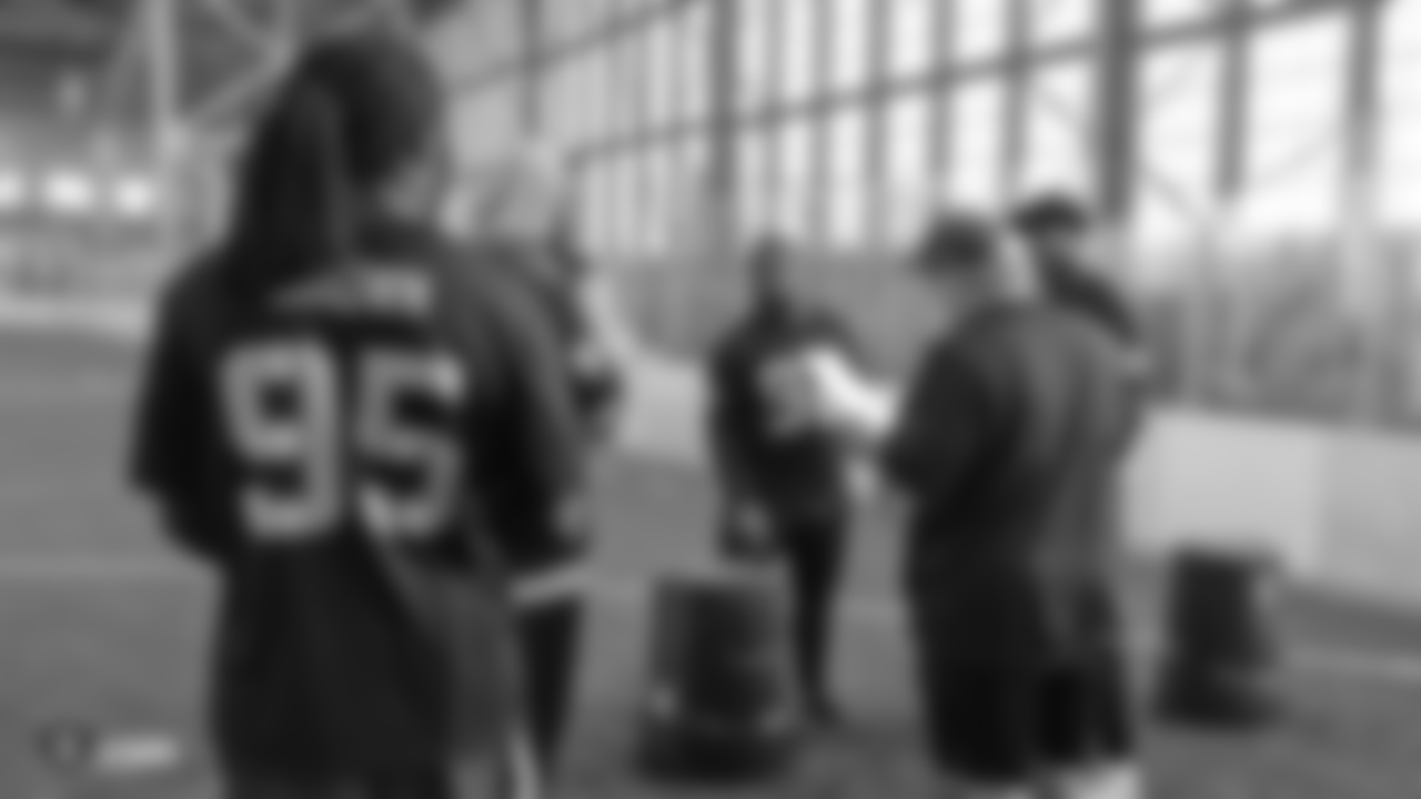 Oakland Raiders defensive line and defensive line coach Mike Trgovac on the field for a walk through at Bladium Sports & Fitness, Thursday, November 15, 2018, in Alameda, California.