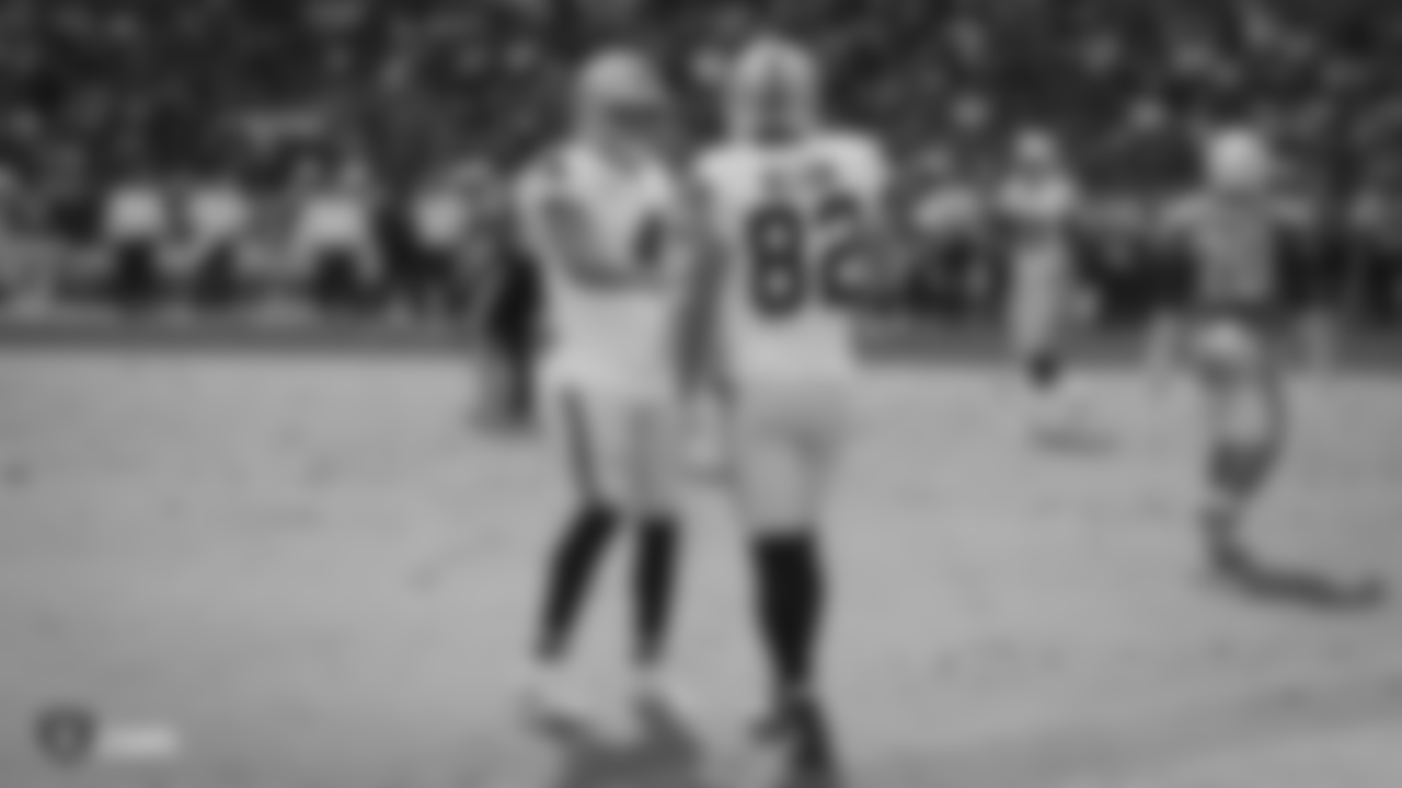 Oakland Raiders quarterback Derek Carr (4) and wide receiver Jordy Nelson (82) during the Oakland Raiders regular season game against the Los Angeles Chargers at StubHub Center, Sunday, October 7, 2018, in Carson, California. The Oakland Raiders lost 26-10.