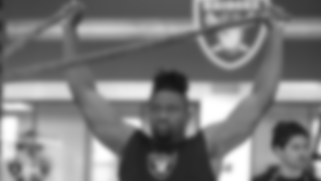 Raiders linebacker Jason Cabinda at a workout during phase one of the offseason program at the Raiders Practice Facility in Alameda, Calif.