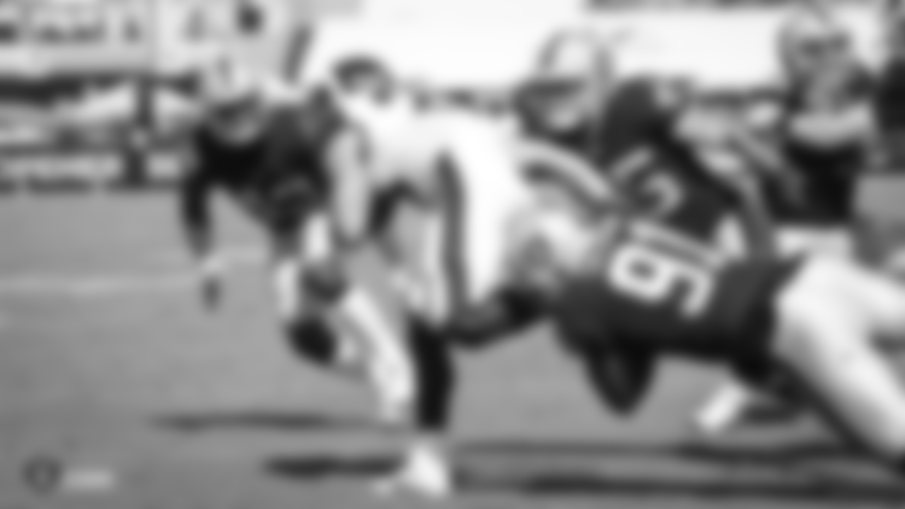 Oakland Raiders cornerback Raysean Pringle (43), safety Dallin Leavitt (45), and linebacker Shilique Calhoun (91) looks to make a tackle during The Oakland Raiders preseason game against the Los Angeles Rams at Los Angeles Memorial Coliseum, Saturday, August 18, 2018, in Los Angeles, California. The Oakland Raiders lost 19-15.