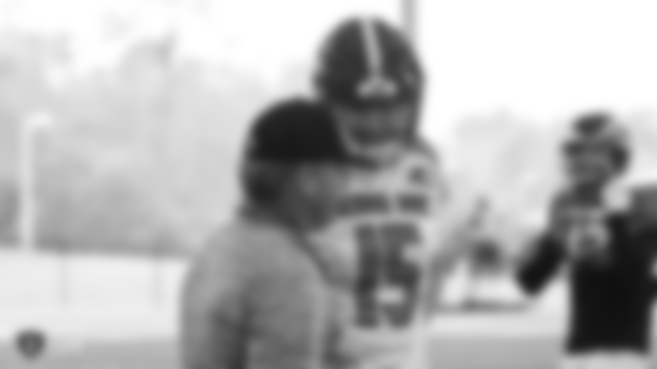 Oakland Raiders head coach Jon Gruden and North Carolina State quarterback Ryan Finley (15) at a practice on Day 2 of the 2019 Senior Bowl at South Alabama Jaguar Training Center, Wednesday, January 23, 2019, in Mobile, Alabama.