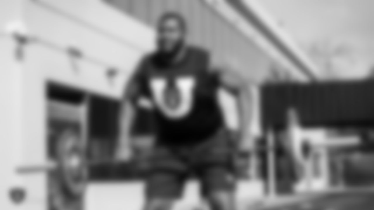 Raiders tackle Brandon Parker (75) at a workout during phase two of the offseason program at the Raiders Practice Facility in Alameda, Calif.