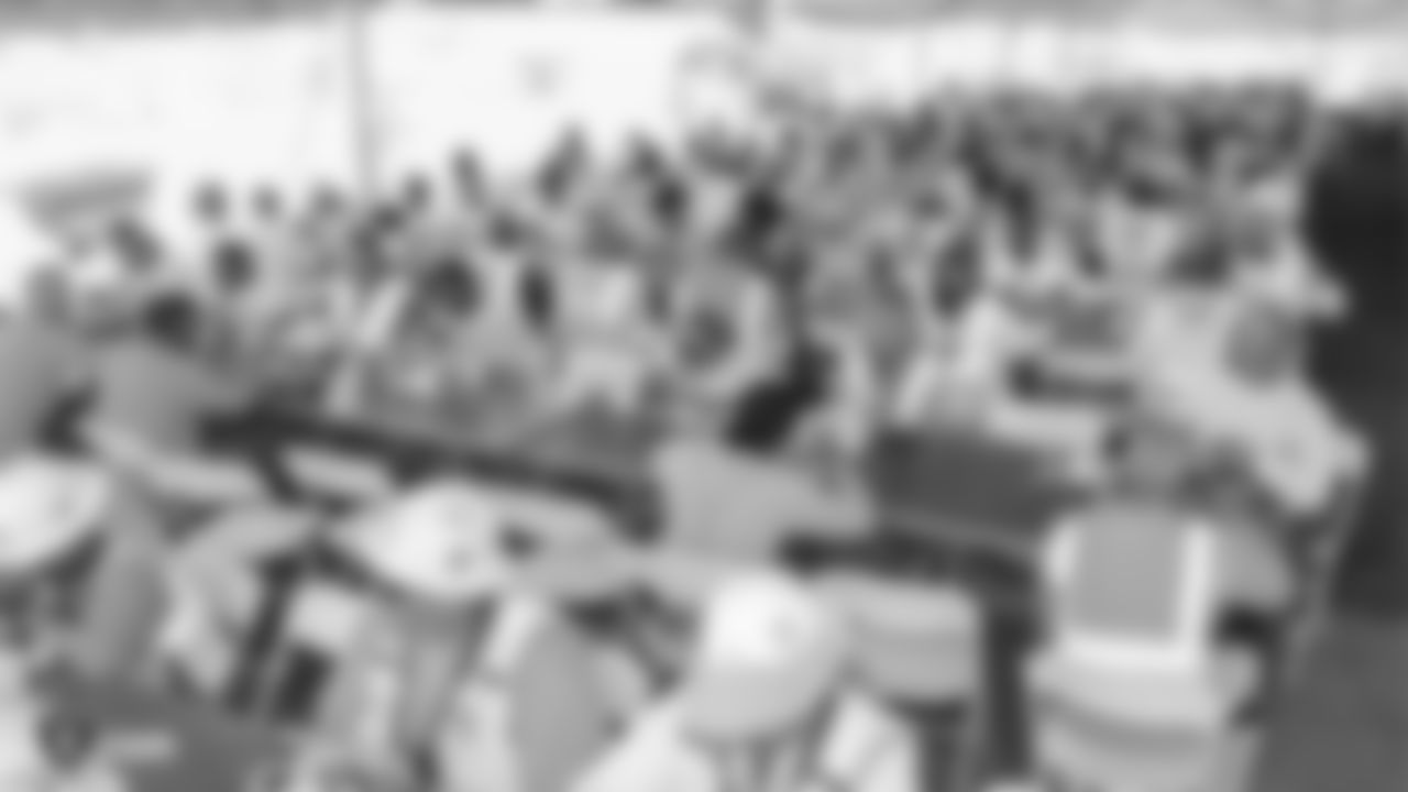 Staff members from The Oakland Raiders front office spend the day with construction workers of the Las Vegas Stadium worksite by handing out lunches and sharing a meal, Wednesday, June 28, 2018, at the Las Vegas Stadium worksite in Las Vegas, Nevada.