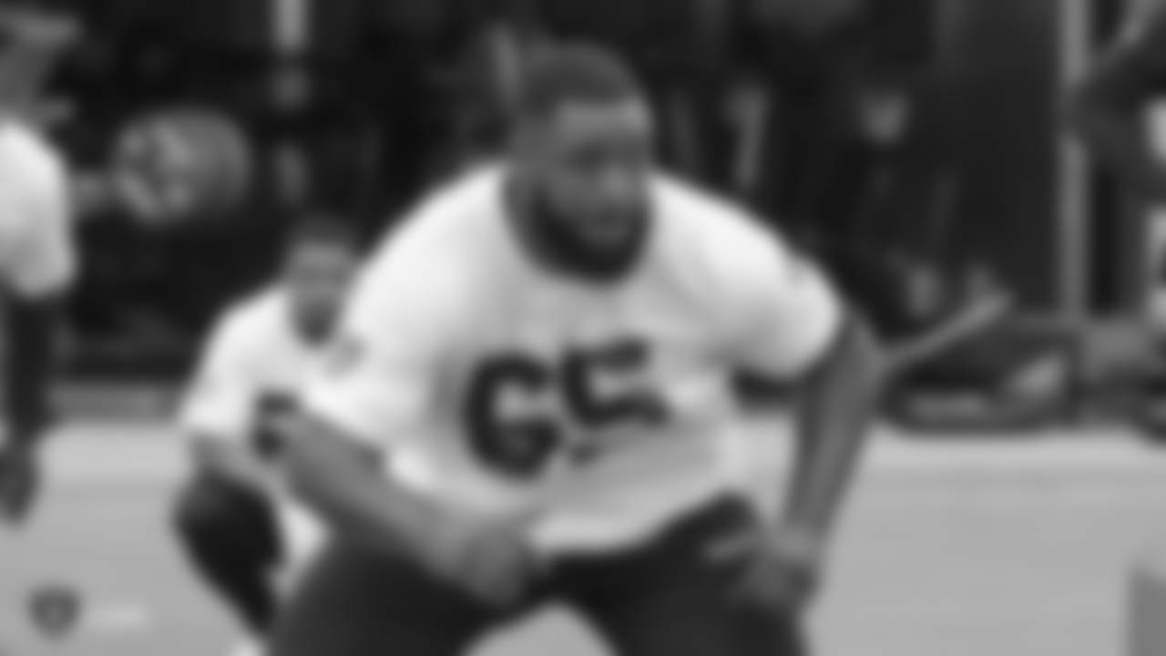 Raiders guard Chaz Green (65) at a workout during phase two of the offseason program at the Raiders Practice Facility in Alameda, Calif.