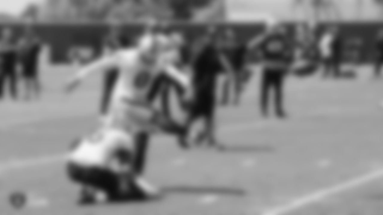 Raiders punter A.J. Cole (6) and kicker Daniel Carlson (8) at an Organized Team Activity (OTA) at the Raiders Practice Facility in Alameda, Calif.