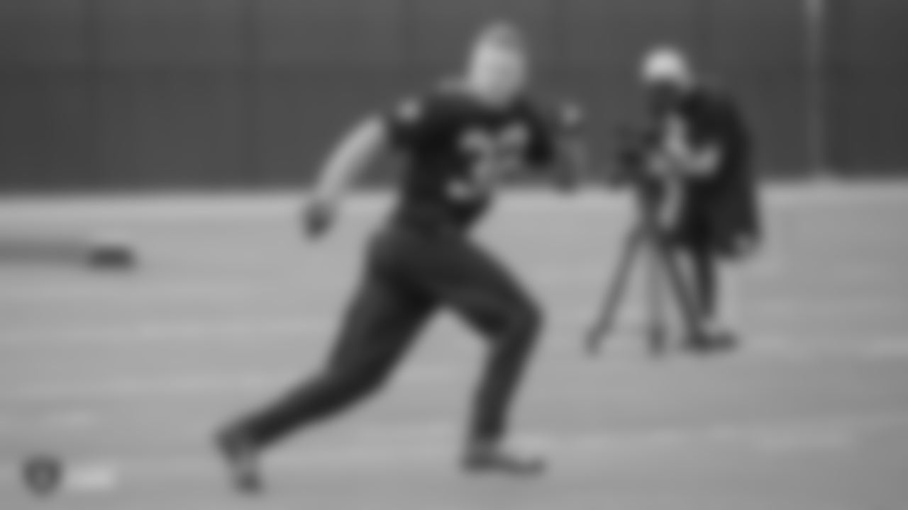 Raiders safety Dallin Leavitt (32) at a workout during phase two of the offseason program at the Raiders Practice Facility, in Alameda, Calif.