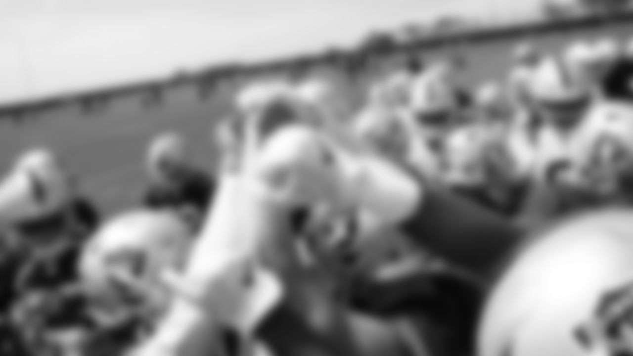 The Raiders huddle up at an Organized Team Activity (OTA) at the Raiders Practice Facility in Alameda, Calif.