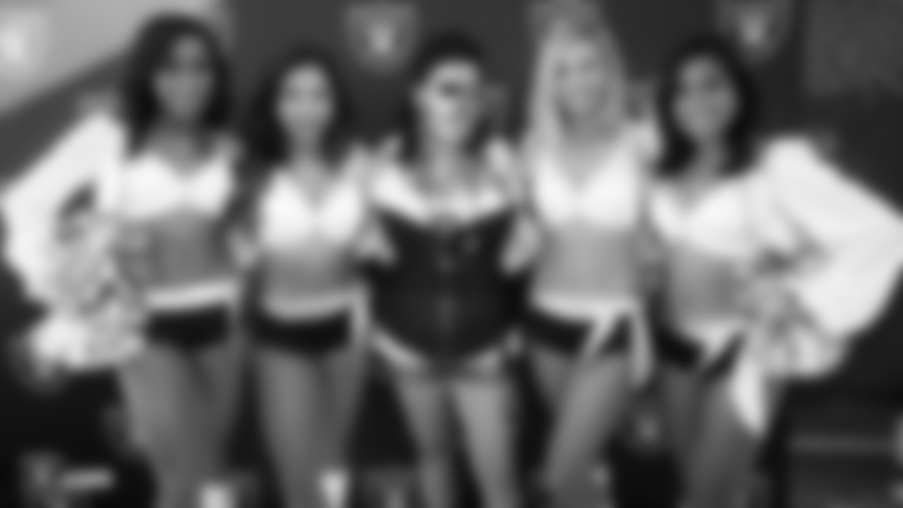 The Raiderettes greet fans at Raiderville before the Oakland Raiders game against the Los Angeles Rams at Oakland-Alameda County Coliseum, Monday, September 10, 2018, in Oakland, California. The Oakland Raiders lost 33-13.