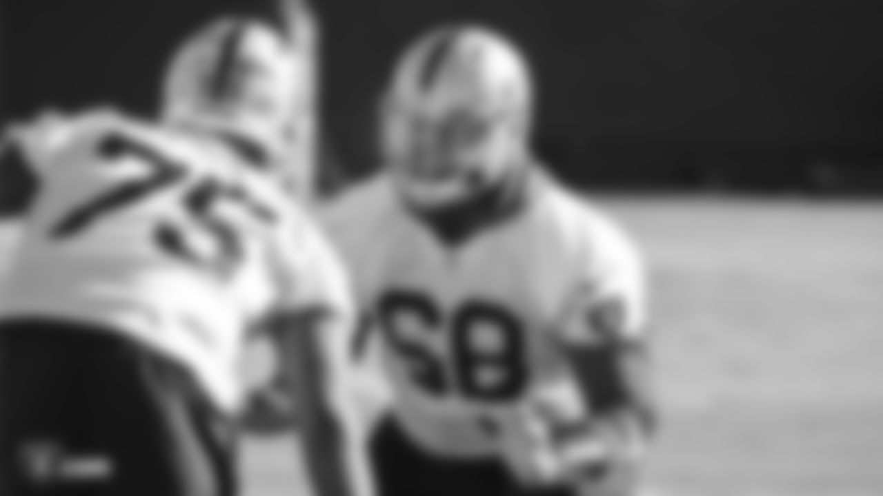 Oakland Raiders tackle David Sharpe (68) on the field for practice at the Oakland Raiders Practice Facility, Thursday, December 27, 2018, in Alameda, California.