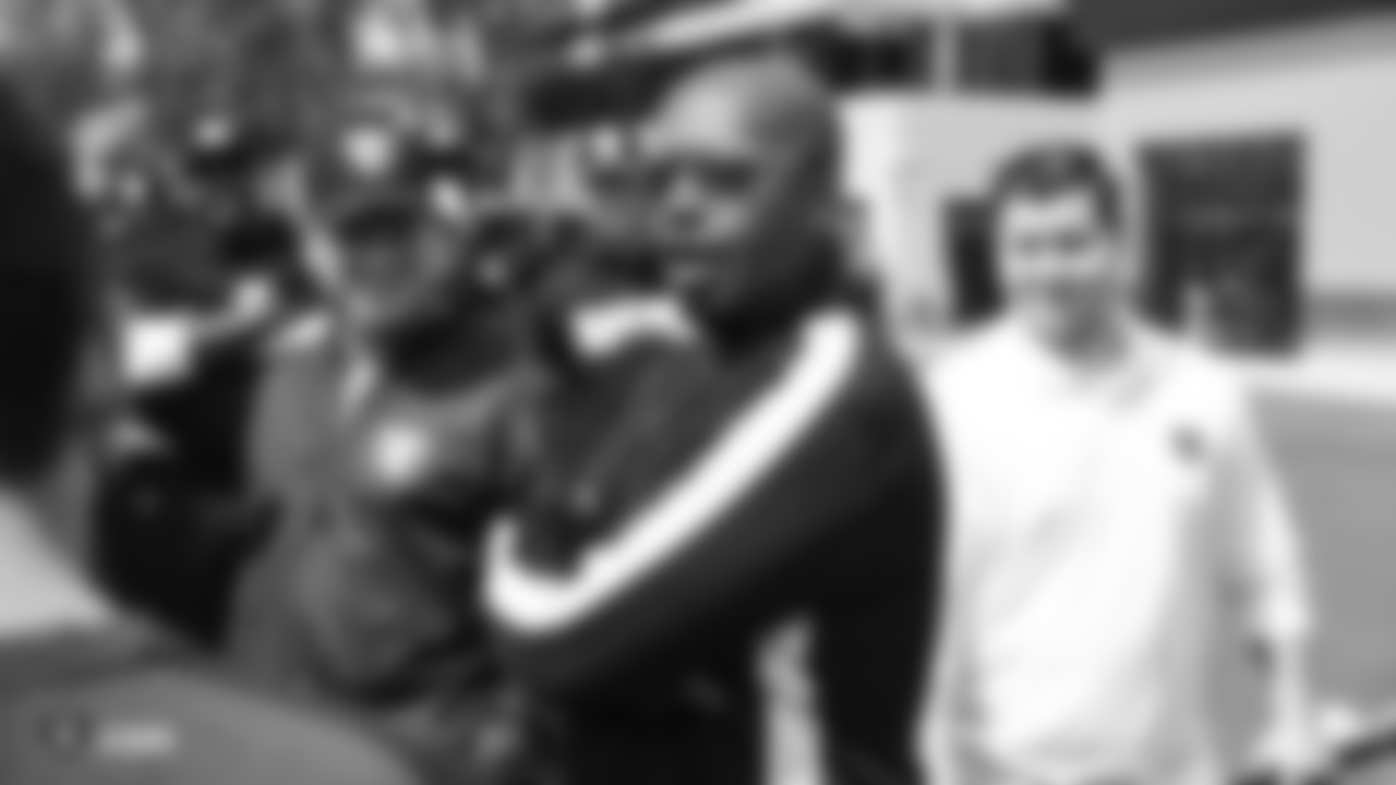 Hip-hop artist MC Hammer visits Oakland Raiders players at an Organized Team Activity (OTA) at the Oakland Raiders Practice Facility, Wednesday, June 6, 2018, in Alameda, California.