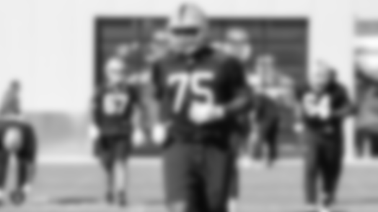 Oakland Raiders tackle Brandon Parker (75) on the field for practice at the Oakland Raiders Practice Facility, Monday, November 5, 2018, in Alameda, California.